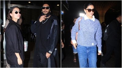 Alia Bhatt and Ranveer Singh twin in black, and Deepika Padukone looks elegant at the Mumbai airport. (HT Photo/Varinder Chawla)