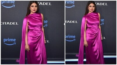 Priyanka Chopra embraced the Barbiecore trend as she attended the fan screening of Citadel wearing a satin pink gown with dramatic sleeves. (AP) Priyanka Chopra embraced the Barbiecore trend as she attended the fan screening of Citadel wearing a satin pink gown with dramatic sleeves. (AP)