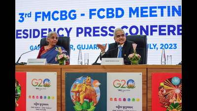 Finance Minister Nirmala Sitharaman and Governor of Reserve Bank of India Shaktikanta Das at the end of the G20 Finance Ministers, Central Bank Governors and Finance & Central Bank Deputiesmeetings, in Gandhinagar on July 18. (AFP) Finance Minister Nirmala Sitharaman and Governor of Reserve Bank of India Shaktikanta Das at the end of the G20 Finance Ministers, Central Bank Governors and Finance & Central Bank Deputiesmeetings, in Gandhinagar on July 18. (AFP)