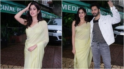 Janhvi Kapoor in chiffon saree and an eye-catching blouse promotes Bawaal with Varun Dhawan. (Instagram) Janhvi Kapoor in chiffon saree and an eye-catching blouse promotes Bawaal with Varun Dhawan. (Instagram)