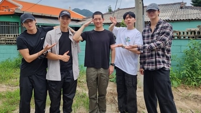 MONSTA X's Joohoney with group members ahead of his military service. MONSTA X's Joohoney with group members ahead of his military service.