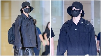 Jungkook of BTS shows the trendiest way to upgrade flared leather pants with his latest airport appearance. (Twitter) Jungkook of BTS shows the trendiest way to upgrade flared leather pants with his latest airport appearance. (Twitter)