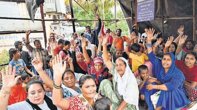 Mumbai, India - July 24, 2023 : Residents of Ambujwadi protest for demolition in a slum yeria without notice at Ambujwadi, Malad, in Mumbai, India, on Monday, July 24, 2023. (Photo by Vijay Bate/HT Photo) Mumbai, India - July 24, 2023 : Residents of Ambujwadi protest for demolition in a slum yeria without notice at Ambujwadi, Malad, in Mumbai, India, on Monday, July 24, 2023. (Photo by Vijay Bate/HT Photo)