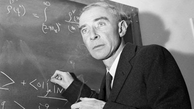 Dr. J. Robert Oppenheimer, creator of the atom bomb, is shown at his study at the Institute for Advanced Study, in Princeton, N.J., Dec. 15, 1957. (AP) Dr. J. Robert Oppenheimer, creator of the atom bomb, is shown at his study at the Institute for Advanced Study, in Princeton, N.J., Dec. 15, 1957. (AP)