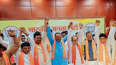 Opposition leaders joined the BJP at the party’s state unit office in Lucknow on Monday. (HT)
