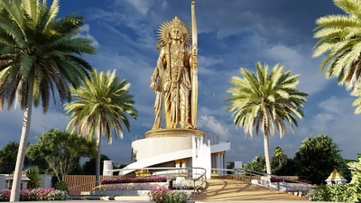 Kurnool: Glimpse of the 108 feet tall statue of Lord Shri Ram which were lays the foundation stone by the Union Minister for Home Affairs and Cooperation Amit Shah through video conferencing, in Kurnool, Andhra Pradesh, Sunday. (PTI) Kurnool: Glimpse of the 108 feet tall statue of Lord Shri Ram which were lays the foundation stone by the Union Minister for Home Affairs and Cooperation Amit Shah through video conferencing, in Kurnool, Andhra Pradesh, Sunday. (PTI)