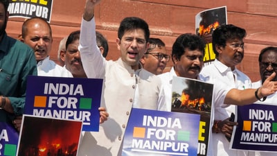 AAP MP Raghav Chadha with other leaders of the INDIA alliance parties stage a protest over ethnic violence in Manipur during Monsoon session of Parliament. (PTI) AAP MP Raghav Chadha with other leaders of the INDIA alliance parties stage a protest over ethnic violence in Manipur during Monsoon session of Parliament. (PTI)