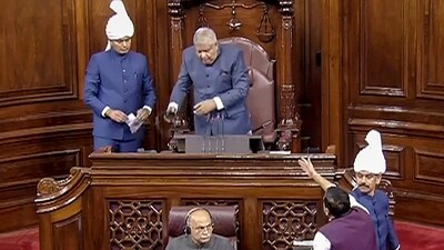 AAP MP Sanjay Singh protests in the well of the Rajya Sabha as Chairman Jagdeep Dhankhar conducts proceedings in the House. (PTI) AAP MP Sanjay Singh protests in the well of the Rajya Sabha as Chairman Jagdeep Dhankhar conducts proceedings in the House. (PTI)