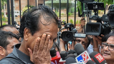 Sacked Congress MLA Rajendra Gudha interacts with the media after the Rajasthan assembly was adjourned on Monday, (PTI) Sacked Congress MLA Rajendra Gudha interacts with the media after the Rajasthan assembly was adjourned on Monday, (PTI)
