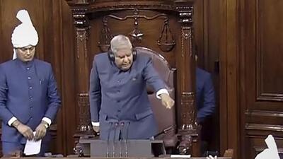 Rajya Sabha chairman Jagdeep Dhankhar announced Sanjay Singh’s suspension after a motion proposed by Union minister Piyush Goyal was backed by the House (PTI photo) Rajya Sabha chairman Jagdeep Dhankhar announced Sanjay Singh’s suspension after a motion proposed by Union minister Piyush Goyal was backed by the House (PTI photo)