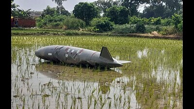 Sant Kabir Nagar: Fuel tank of a fighter plane at a paddy field after it fell near Bakhira Jheel, in Sant Kabir Nagar, Monday (PTI)