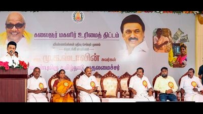Tamil Nadu chief minister MK Stalin speaks during the inauguration of a camp for registration for the 'Kalaignar Magalir Urimai Thittam', in Dharmapuri on Monday. (PTI)