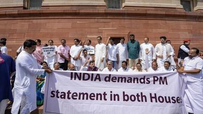 The Opposition protest outside Parliament in New Delhi on Monday. (PTI) The Opposition protest outside Parliament in New Delhi on Monday. (PTI)