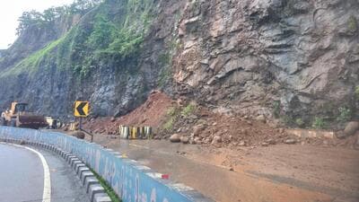 The decision to block a stretch of the Pune-Mumbai Expressway was taken after another landslide was reported near Adoshi village earlier on Monday. (HT Photo/Bachchan Kumar)