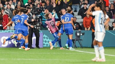 Italy's Cristiana Girelli, right, celebrates with Italy's Barbara Bonansea after scoring the opening goal during the Women's World Cup Group G soccer match between Italy and Argentina (AP) Italy's Cristiana Girelli, right, celebrates with Italy's Barbara Bonansea after scoring the opening goal during the Women's World Cup Group G soccer match between Italy and Argentina (AP)