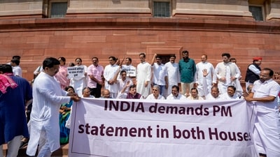 AAP MP Sanjay Singh with other leaders of the INDIA alliance parties stages a protest over ethnic violence in Manipur, during the Monsoon session of Parliament, in New Delhi, Monday, July 24, 2023. (PTI) AAP MP Sanjay Singh with other leaders of the INDIA alliance parties stages a protest over ethnic violence in Manipur, during the Monsoon session of Parliament, in New Delhi, Monday, July 24, 2023. (PTI)