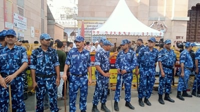 Security personnel deployed outside the Gyanvapi mosque complex in Varanasi on Monday.
