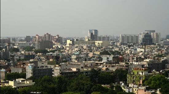 Gurugram, India-July 24, 2023: An aerial view of Sushant Lok-1 in Gurugram, India, on Monday, 24 July 2023. DTCP recommends 100 FIRs against property owners running illegal commercial establishments in residential areas including sushant lok (Photo by Parveen Kumar/Hindustan Times)**To go with Abhishek Bhel's Story