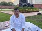 AAP MP Sanjay Singh at Parliament House complex in front of Mahatma Gandhi statue during the opposition MP's overnight protest demanding PM Narendra Modi's statement in the House on Manipur crisis, in New Delhi