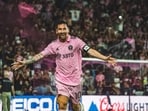 Inter Miami CF forward Lionel Messi (10) celebrates after scoring a goal against Cruz Azul during the second half at DRV PNK Stadium