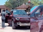 Screengrab of the video showing Baba Ramdev driving Land Rover Defender 130.
