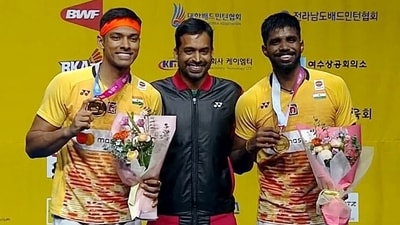 India's Satwiksairaj Rankireddy and Chirag Shetty pose for a photo with medals after beating top seeds Fajar Alfian and Muhammad Rian Adrianto of Indonesia 17-21, 21-13, 21-14 to clinch the Korea Open (SAI Media Twitter)