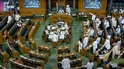 Opposition MPs raise slogans over Manipur violence in the Lok Sabha during the Monsoon Session of Parliament, in New Delhi on Tuesday. (ANI) Opposition MPs raise slogans over Manipur violence in the Lok Sabha during the Monsoon Session of Parliament, in New Delhi on Tuesday. (ANI)