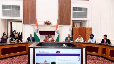 President Droupadi Murmu at the foundation stone laying and inauguration of various projects on the occasion of the completion of one year of her presidency, at Rashtrapati Bhavan, in New Delhi on Tuesday. (ANI) President Droupadi Murmu at the foundation stone laying and inauguration of various projects on the occasion of the completion of one year of her presidency, at Rashtrapati Bhavan, in New Delhi on Tuesday. (ANI)
