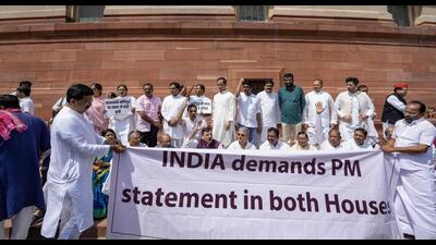 INDIA alliance protest over ethnic violence in Manipur during the monsoon session of Parliament. (PTI) INDIA alliance protest over ethnic violence in Manipur during the monsoon session of Parliament. (PTI)