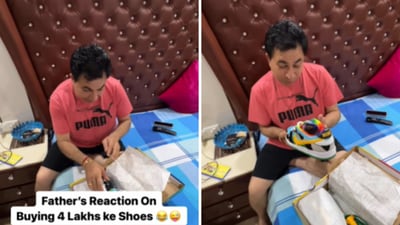 The image, taken from an Insta video, shows a dad looking at ₹4 lakh shoes. (Instagram/@ypmvlogs) The image, taken from an Insta video, shows a dad looking at ₹4 lakh shoes. (Instagram/@ypmvlogs)