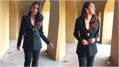 Kiara Advani wore a chic black powersuit and a bralette for a video shoot. (Instagram) Kiara Advani wore a chic black powersuit and a bralette for a video shoot. (Instagram)