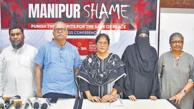 Mumbai, India – July 25, 2023: United United Against Injustice and Discrimination (UAID) led by Justice (retired) Abhay Thipsay, Shakir Shaikh and Dolphy Dsouza held a press conference at Press Club to voice like-minded secular activists' views on Manipur incident where two women were paraded naked and raped, in Mumbai, India, on Tuesday, July 25, 2023. (Photo by Bhushan Koyande/HT Photo) Mumbai, India – July 25, 2023: United United Against Injustice and Discrimination (UAID) led by Justice (retired) Abhay Thipsay, Shakir Shaikh and Dolphy Dsouza held a press conference at Press Club to voice like-minded secular activists' views on Manipur incident where two women were paraded naked and raped, in Mumbai, India, on Tuesday, July 25, 2023. (Photo by Bhushan Koyande/HT Photo)