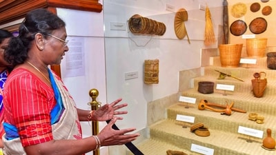 President Droupadi Murmu during the inauguration of 'Janjatiya Darpan', a gallery to showcase the common and connecting cultural traits of various tribal communities, on the completion of one year of her presidency, in New Delhi, Tuesday. ( Rashtrapati Bhavan) President Droupadi Murmu during the inauguration of 'Janjatiya Darpan', a gallery to showcase the common and connecting cultural traits of various tribal communities, on the completion of one year of her presidency, in New Delhi, Tuesday. ( Rashtrapati Bhavan)