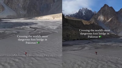 Man walks on deadly bridge in Northern Pakistan. Man walks on deadly bridge in Northern Pakistan.