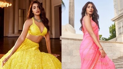 Wedding preparations are always a months-long affair. And if you want to ace that sartorially primed wedding attendee look, all you need is some inspiration from your favourite Bollywood celebrities' wardrobe. This time, we are stealing cues from Pooja Hegde's latest photoshoot. The star shot the cover for Khush Wedding magazine and slipped into beauteous sequinned sarees and lehengas in gorgeous summer shades. Her outfits will turn you into the best-dressed wedding guest. So, don't forget to take notes. (Instagram/@poojahegde) Wedding preparations are always a months-long affair. And if you want to ace that sartorially primed wedding attendee look, all you need is some inspiration from your favourite Bollywood celebrities' wardrobe. This time, we are stealing cues from Pooja Hegde's latest photoshoot. The star shot the cover for Khush Wedding magazine and slipped into beauteous sequinned sarees and lehengas in gorgeous summer shades. Her outfits will turn you into the best-dressed wedding guest. So, don't forget to take notes. (Instagram/@poojahegde)