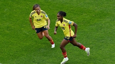 Colombia's Linda Caicedo celebrates scoring their second goal with Leicy Santos (REUTERS)