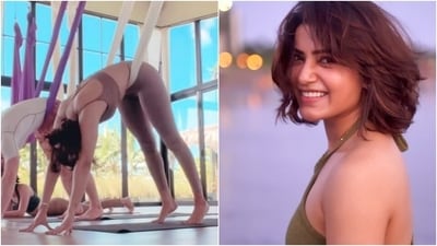 Samantha Ruth Prabhu aces Downward Dog pose during Aerial Yoga class in Bali. (Instagram) Samantha Ruth Prabhu aces Downward Dog pose during Aerial Yoga class in Bali. (Instagram)