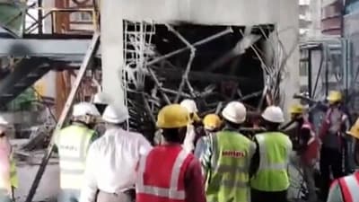 The accident took place when a lift carrying cement blocks collapsed at the factory in Suryapet district. (screengrab/ANI) The accident took place when a lift carrying cement blocks collapsed at the factory in Suryapet district. (screengrab/ANI)