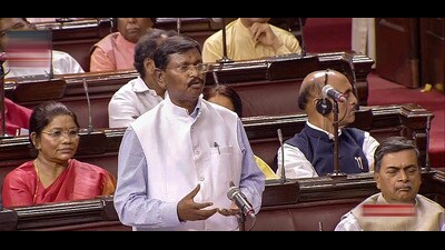 Union Minister of Tribal Affairs Arjun Munda speaks in the Rajya Sabha during the Monsoon session of Parliament on Tuesday. (PTI)