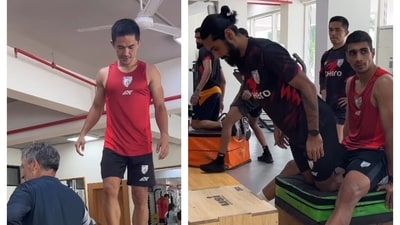 Indian footballers Sunil Chhetri, Sandesh Jhingan and Gurpreet Singh during a training session Indian footballers Sunil Chhetri, Sandesh Jhingan and Gurpreet Singh during a training session