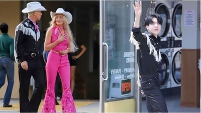 Ryan Gosling in Barbie (L), Jimin in Permission To Dance music video.