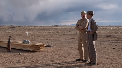 Matt Damon as Gen. Leslie Groves, left, and Cillian Murphy as J. Robert Oppenheimer in a scene from Oppenheimer.