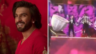 Ranveer Singh fell into a dhol at an award function. Ranveer Singh fell into a dhol at an award function.