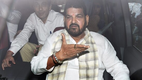 Bharatiya Janata Party (BJP) MP Brij Bhushan Sharan Singh arrives to appear before the Rouse Avenue Court in connection with the alleged sexual harassment case of women wrestlers, in New Delhi. (Amit Sharma)
