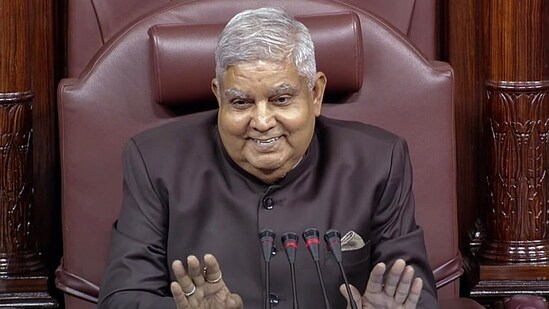 Rajya Sabha Chairman Jagdeep Dhankhar conducts proceedings of the house during the ongoing Monsoon Session of Parliament, in New Delhi on Tuesday. (ANI Photo/Sansad TV) (ANI)