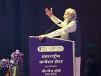 Prime Minister Narendra Modi addresses the gathering after inaugurating the revamped ITPO complex 'Bharat Mandapam' at the Pragati Maidan by flying a drone at Pragati Maidan in New Delhi, on Wednesday, (HT Photo) 