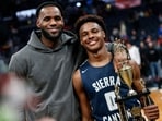 LeBron James, left, poses with his son Bronny after Sierra Canyon beat Akron St. Vincent - St. Mary in a high school basketball game LeBron James, left, poses with his son Bronny after Sierra Canyon beat Akron St. Vincent - St. Mary in a high school basketball game