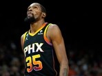Phoenix Suns forward Kevin Durant (35) looks at the scoreboard during the first half of Game 6 of an NBA basketball Western Conference semifinal