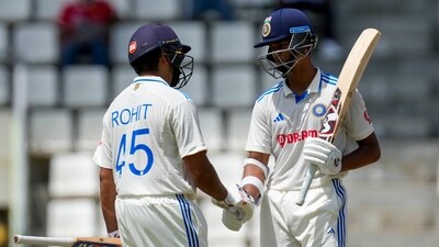 India's captain Rohit Sharma congratulates Yashasvi Jaiswal (AP) India's captain Rohit Sharma congratulates Yashasvi Jaiswal (AP)