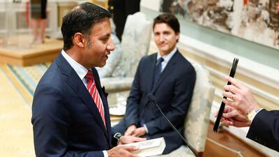 Arif Virani is sworn in as Canada’s Minister of Justice and Attorney General of Canada, as Prime Minister Justin Trudeau sits, during a Cabinet shuffle at Rideau Hall, in Ottawa, Ontario, on Wednesday. (REUTERS) Arif Virani is sworn in as Canada’s Minister of Justice and Attorney General of Canada, as Prime Minister Justin Trudeau sits, during a Cabinet shuffle at Rideau Hall, in Ottawa, Ontario, on Wednesday. (REUTERS)